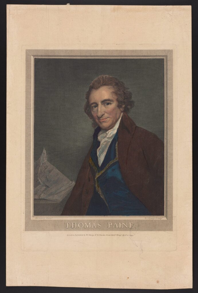 This engraving by British artist William Sharp is based on a painting by renowned portraitist George Romney. Sharp and Romney were Paine's allies and depicted him positively. Image courtesy: U-M's Clements Library