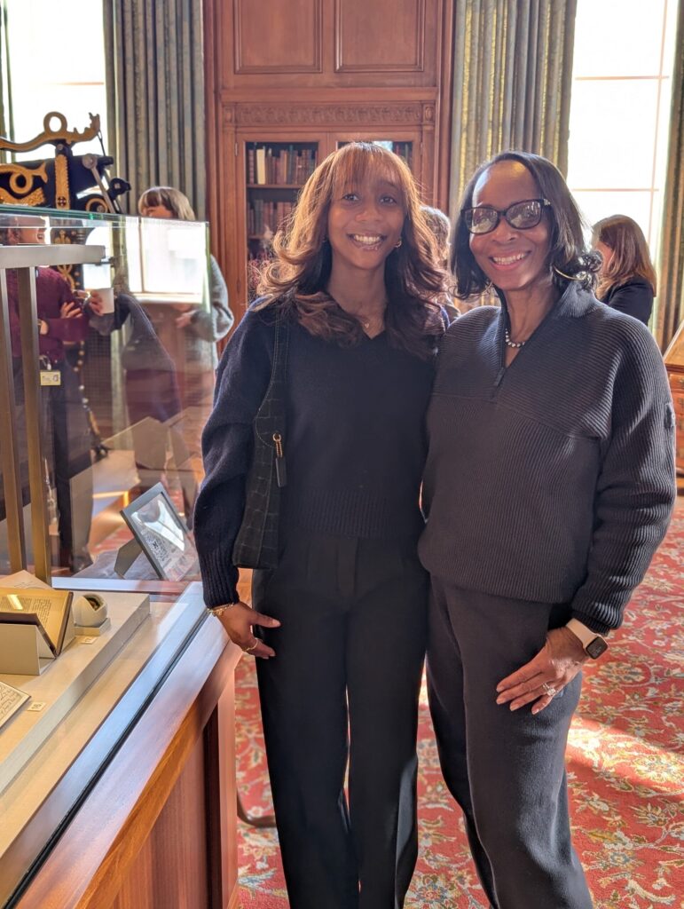 U-M student curator Kristina Bland with her mother, Dr. Kimberly Bland, in the Avenir Foundation Reading Room of the Clements Library. Image courtesy: U-M's Clements Library