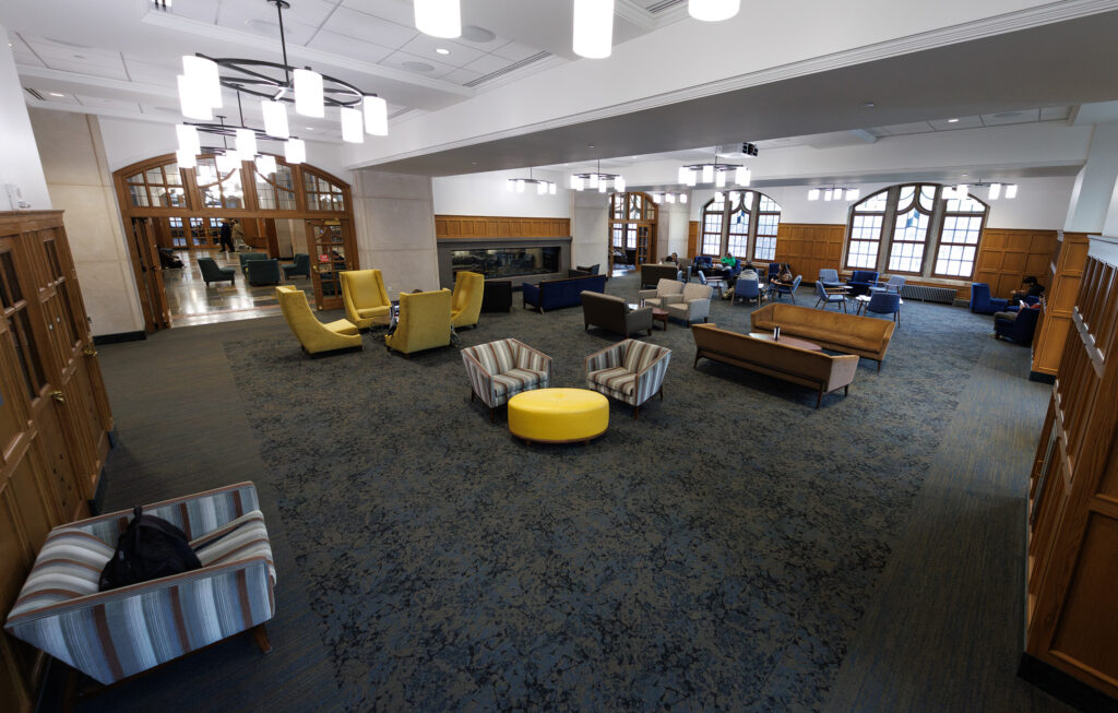 A photo of the Union’s South Lounge, above the pool’s old location, shows a carpet with a border that approximates where the pool balcony once was.
