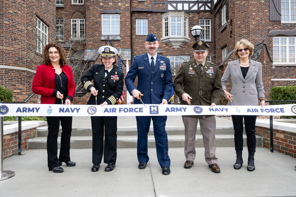 Bertacco, Day, Arens, Goldstein and McCauley do the honors of cutting the ribbon in front of the newly-renovated Observatory Hall. 