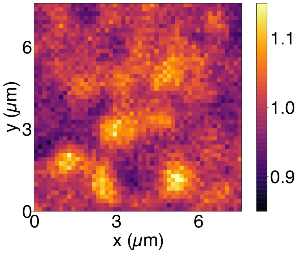 Hotspots appear in an optical microscope image examining the surface of a green OLED, processed to quantify brightness. These hotspots may limit the lifetimes of amorphous OLEDs. Image credit: Joshua Springsteen, Optoelectronic Components and Materials Group, University of Michigan.