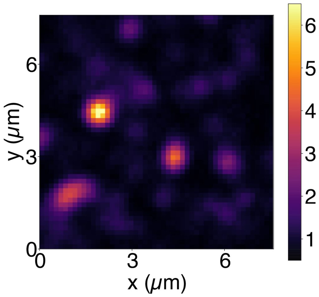 A technique for seeing details smaller than half the wavelength of light, superresolution optical fluctuation imaging, reveals the blinking spots according to how often they blink. This technique enabled the team to discover that diameters of the hotspots are smaller than could be measured with ordinary imaging. Image credit: Joshua Springsteen, Optoelectronic Components and Materials Group, University of Michigan.