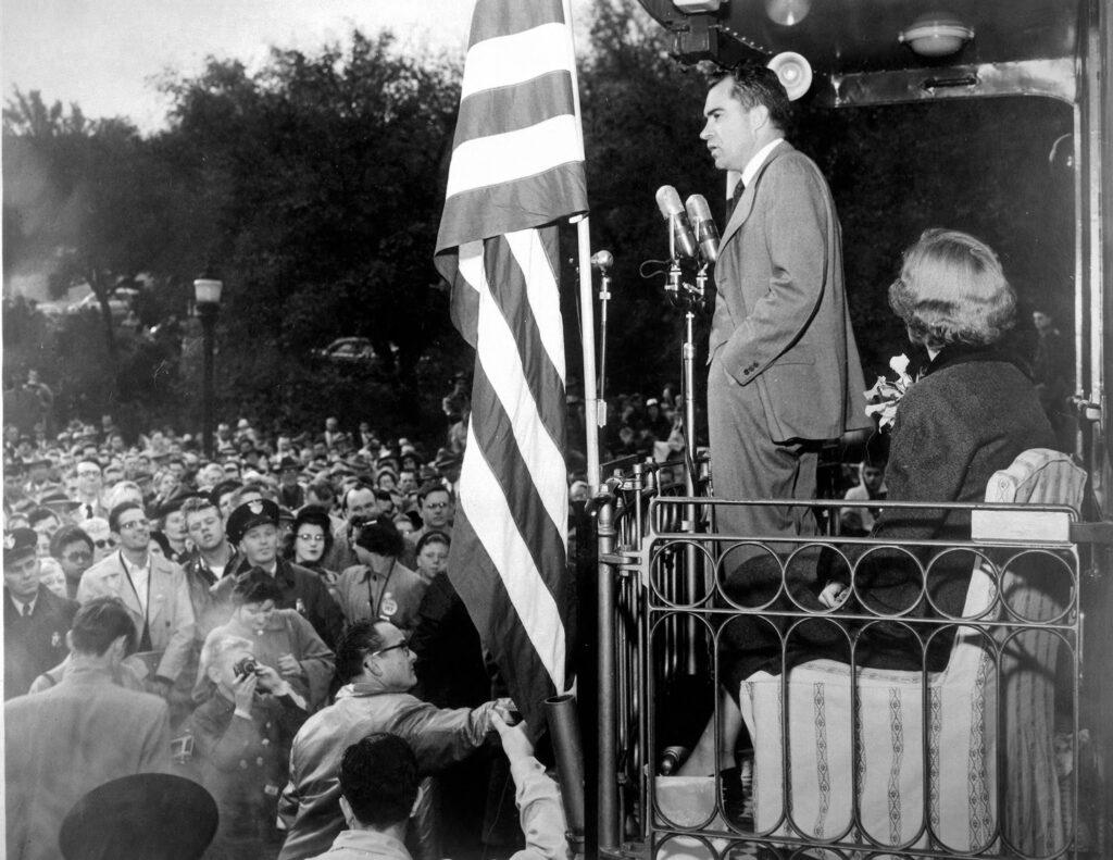 Richard Nixon at the Ann Arbor train depot on a campaign whistle stop on Oct. 15, 1952.