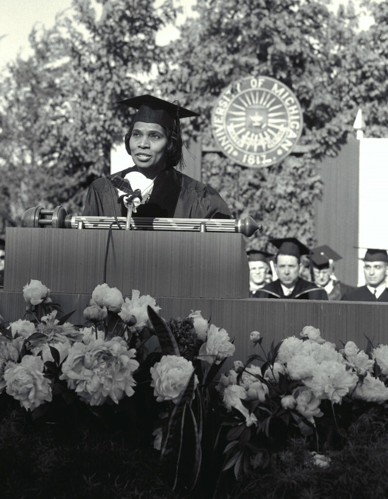 Singer and Civil Rights activist Marian Anderson gave the U-M commencement address in 1959. She was the first woman and the first Black keynote speaker.
