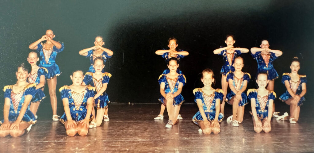 Weaver with her dance group in 1991 at one of her first recitals at Karyn’s Dance Place in Holt, Michigan. 