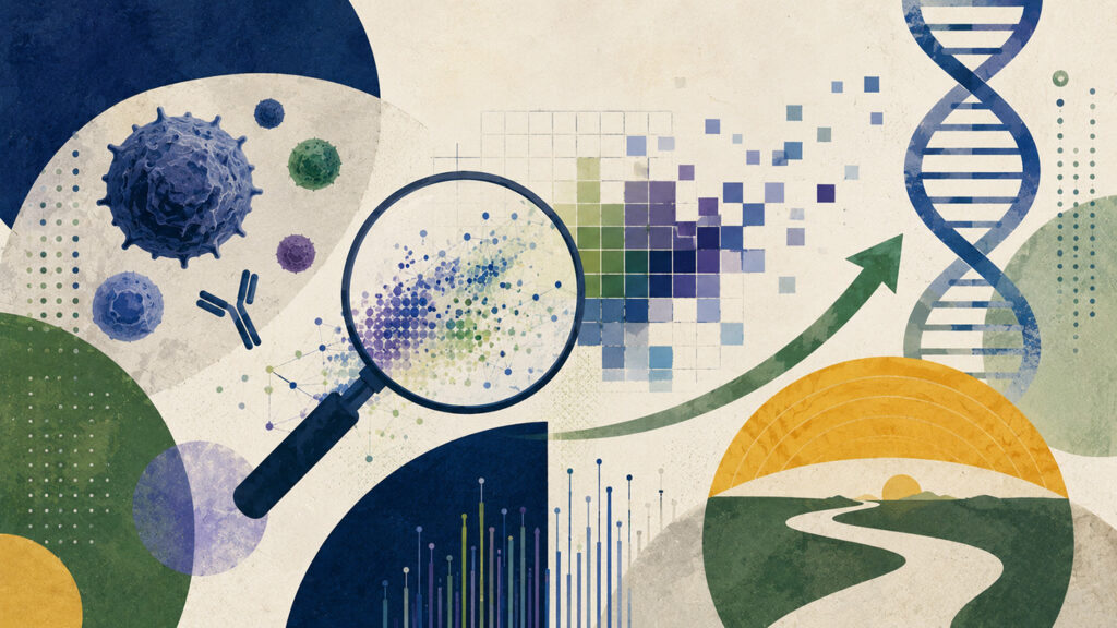 Abstract illustration of immune cells, DNA, and data patterns being analyzed with a magnifying glass, symbolizing research on aging and immune system data. Image credit: Nicole Smith, made with ChatGPT