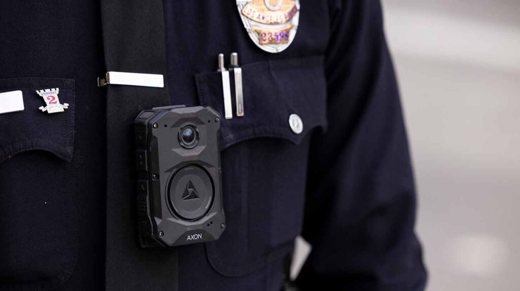 A Los Angeles Police Officer wears a body camera. Image credit: Matt Gush, Adobe Stock