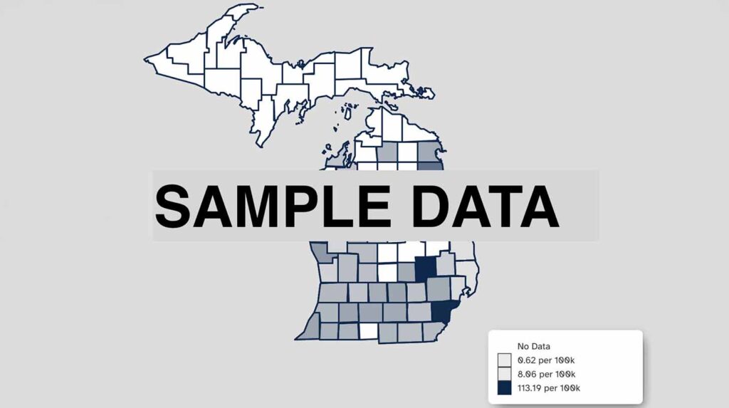 Map of Michigan counties with sample data showing Firearm incidents. Image courtesy: Firearm Injury Prevention Institute