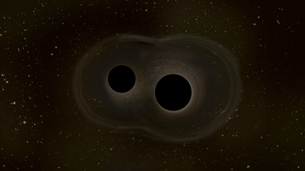Two pitch black orbs—black holes—are locked in a collision course in this ESA illustration. Light ripples around the two structures and their immense gravity.