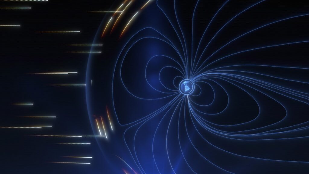 Earth's magnetic field deflects solar energetic particles. Artemis II will mostly fly outside the natural shielding provided by the Earth's magnetic field. NASA will monitor University of Michigan Engineering’s solar particle forecasts during the mission to maintain situational awareness of impending harmful radiation released during solar flares and eruptions, which could create conditions in which astronauts take safety precautions. Image credit: NASA Goddard/CIL/Wes Buchanan, Krystofer Kim.