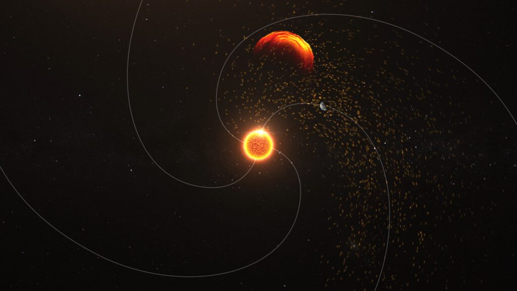 Solar energetic particles spiral outward from the sun after plasma erupts from the sun. The plume from the eruption is the curved, red-orange cloud moving away from the sun. NASA will monitor University of Michigan Engineering’s solar particle forecasts during the Artemis II mission to maintain situational awareness of impending harmful radiation released during solar flares and eruptions, which could create conditions in which astronauts take safety precautions. Image credit: NASA's Goddard Space Flight Center Conceptual Image Lab