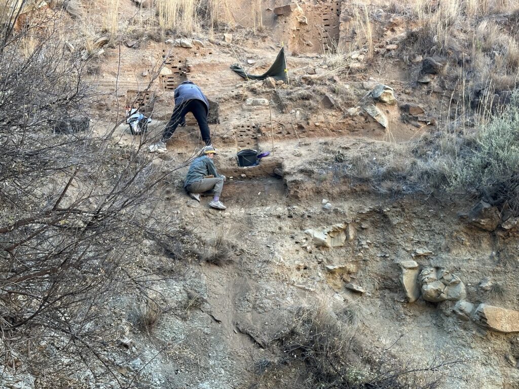 Researchers Lefa Leanya of Stellenbosch University, South Africa, and Sarah Theofanopoulos of California State University, Sacramento, excavate the Likonong Rock Shelter in the mountains of Lesotho. Here, an international team of archaeologists from the United States, Canada, the United Kingdom, and Lesotho have identified the earliest sustained human occupation in Highland Southern Africa. Image credit: Kyra Pazan, California State University, Stanislaus
