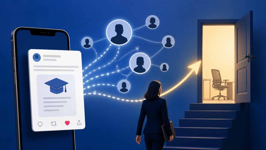 Concept illustration of a social media post spreading through a network and leading to a job opportunity, with a person walking toward an open office door representing research on how online visibility can influence academic hiring outcomes. Image credit: Nicole Smith, made with ChatGPT