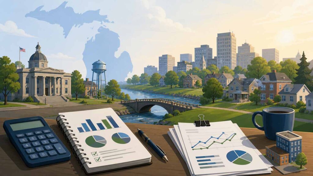 Concept illustration of a city with two paths—short and long—symbolizing short-term budgeting versus long-term financial planning. Image credit: Nicole Smith, made with ChatGPT