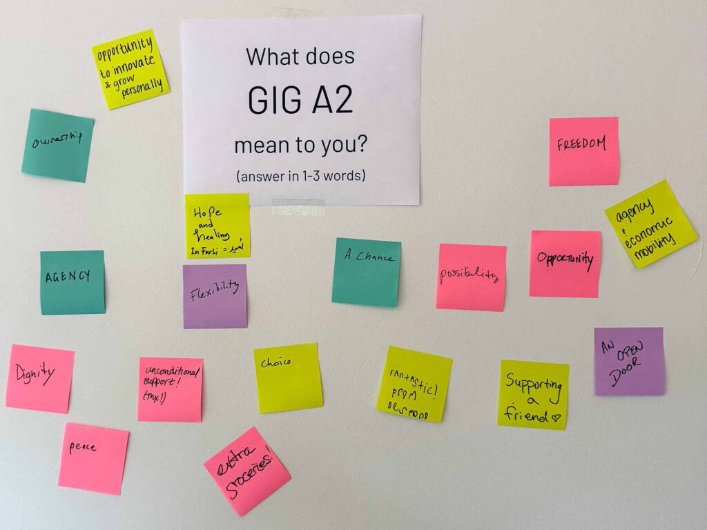 Sticky notes on a wall with quotes from participants in the Guaranteed Income to Grow Ann Arbor (GIG A2) pilot program. Image courtesy: U-M Poverty Solutions